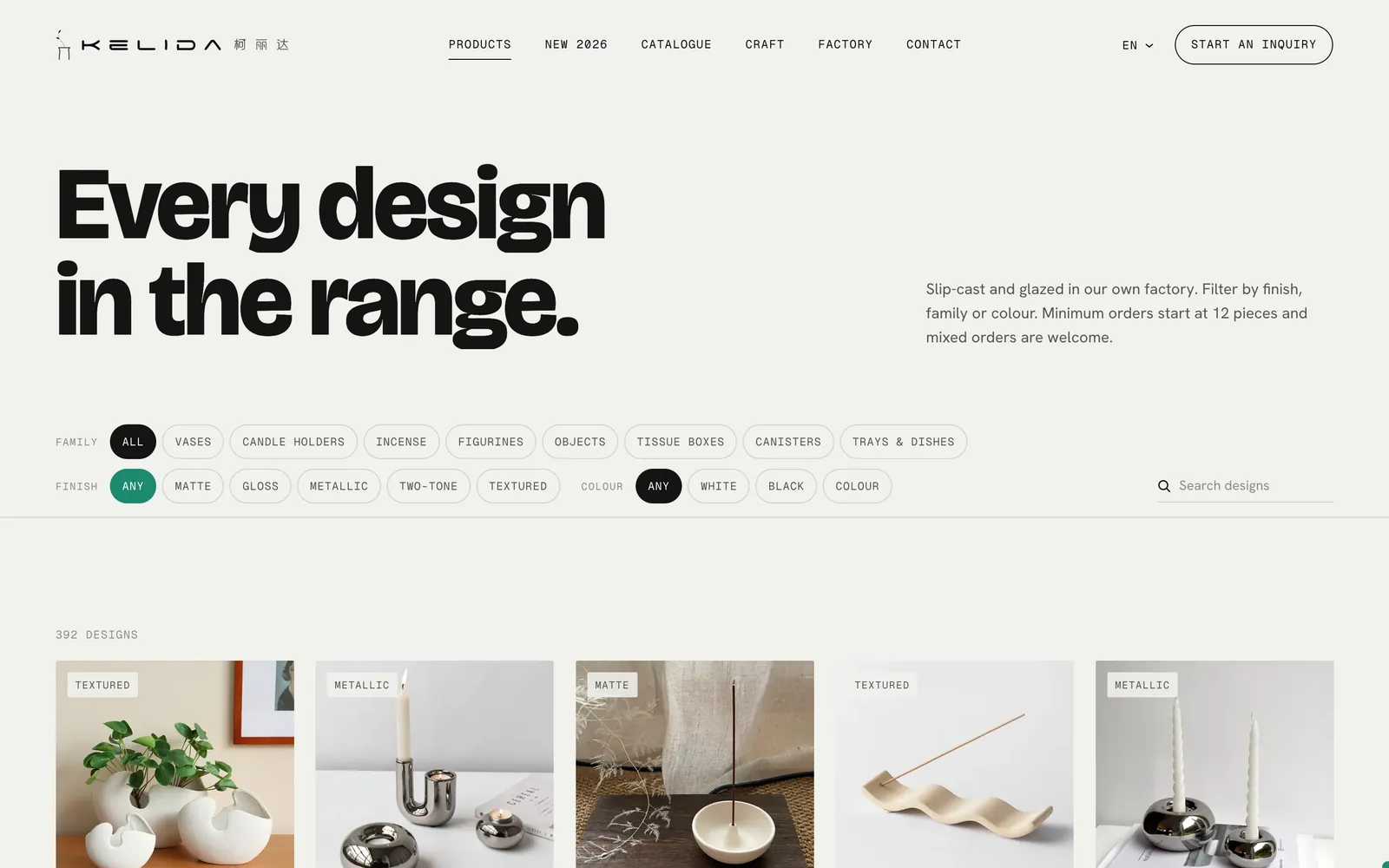 柯丽达瓷业官网的产品页：标题“Every design in the range.”，可按系列、釉面和颜色筛选，显示“392 designs”和第一排产品照片。